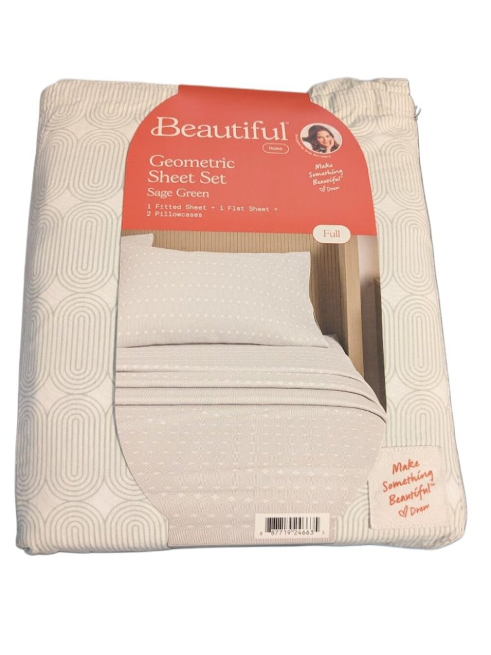 Beautiful by Drew Barrymore Sage Green Geo Full Sheet Set 100% Cotton 4pc